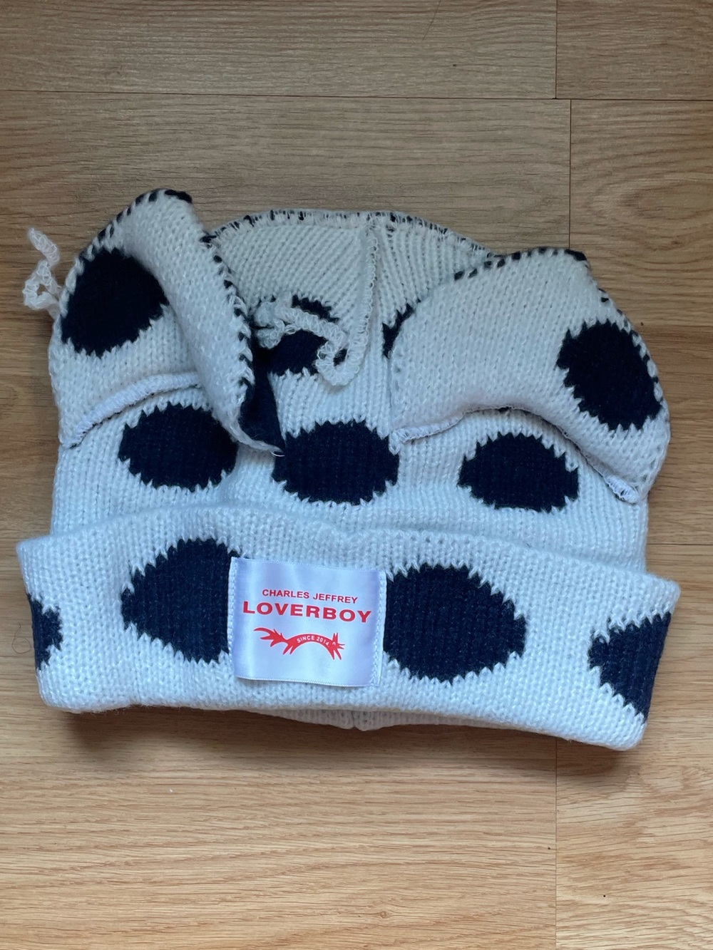 Navy & White Unisex Polka Dot Knit Beanie with Ears - Picture 2 of 4